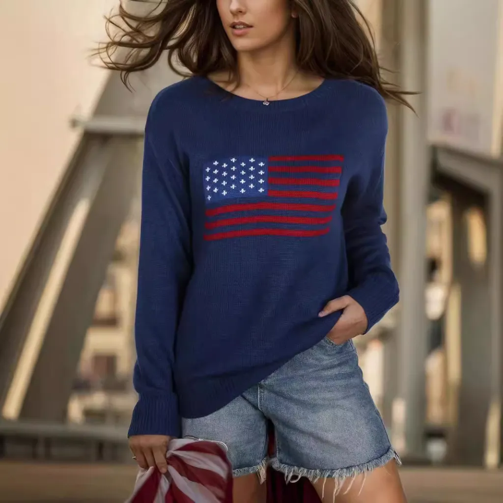 Aesthetic Retro Sweater Loose Flag - Blue
