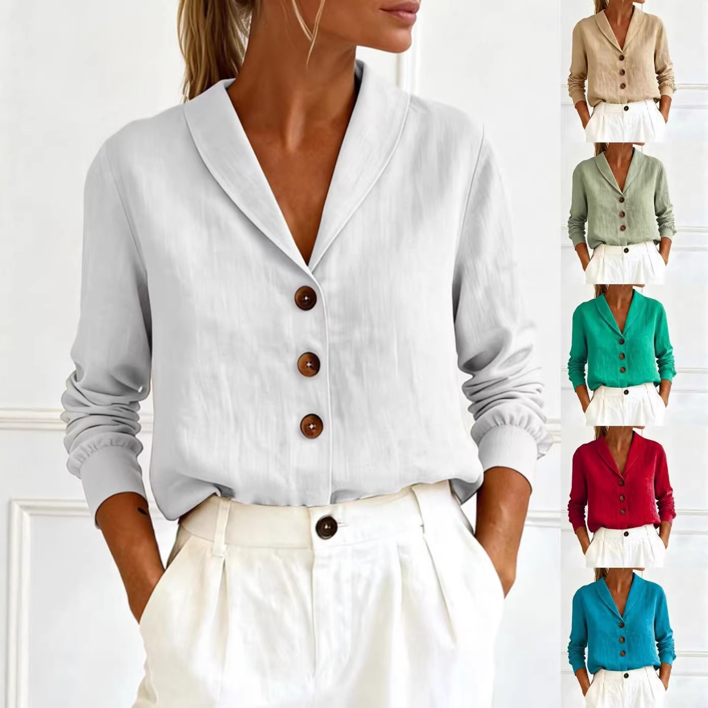 Fashionable Cotton-Linen Long-Sleeve Peter Pan Collar Button-Up Shirt
