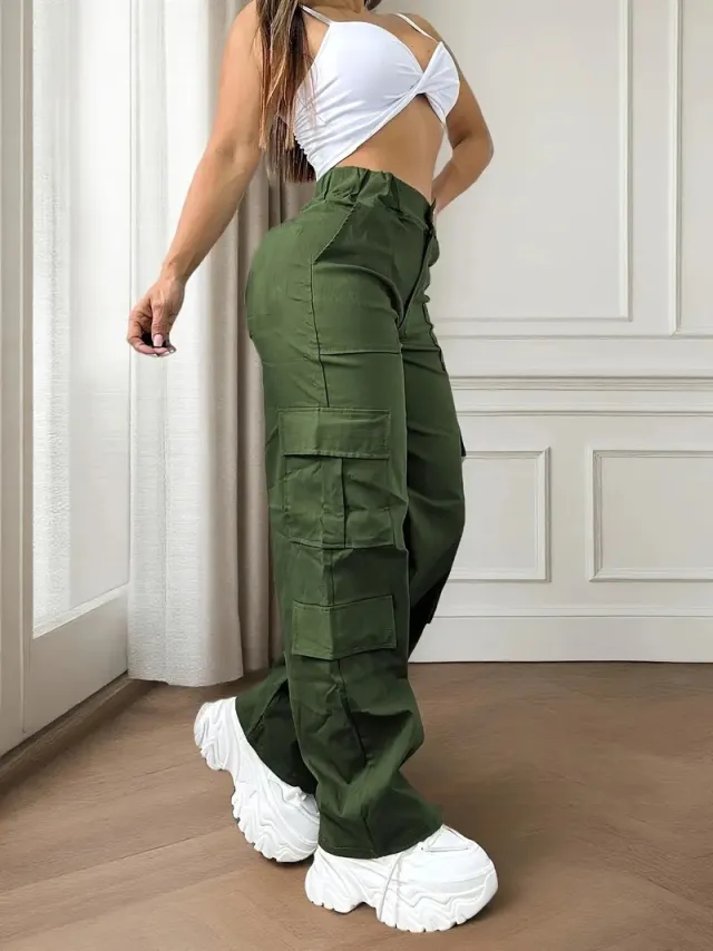 Women's Multi pocket Fashion Loose High Waist Casual Cargo Pants Dark Green - Shop at LoveMi