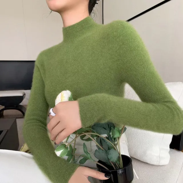Half Turtleneck Cashmere Slim Top Sweaters Bottoming Shirt Autumn Leaf Green - Shop at LoveMi