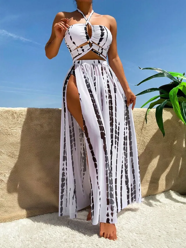 Split Bikini Swimsuit Cross Strap Sunscreen Gauze Skirt Black - Shop at LoveMi