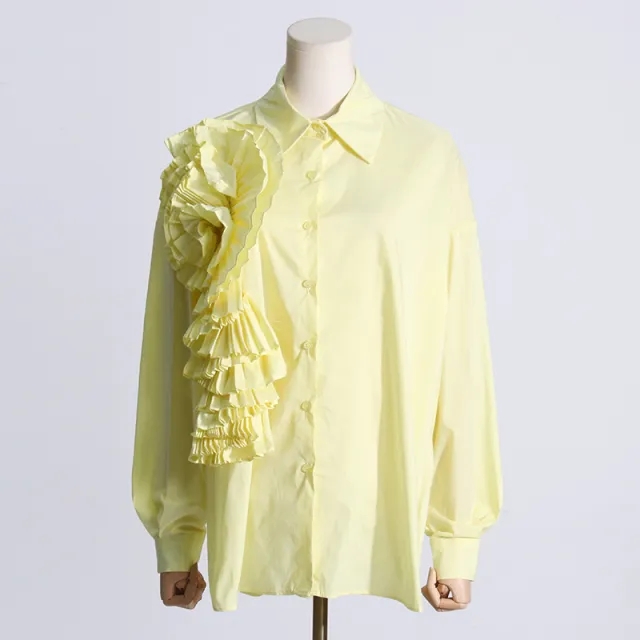 Design Sense Stitching Ruffle Three dimensional Flower Casual Shirt Yellow - Shop at LoveMi