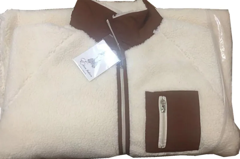 Stand Collar Color Matching Lambswool Two-sided Zipper Coat - Apricot