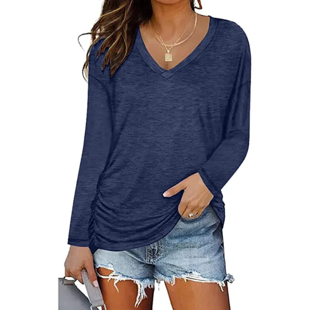 V neck Long sleeved Women's Top Fashion Casual Long Sleeve Top T shirt Blue - Shop at LoveMi