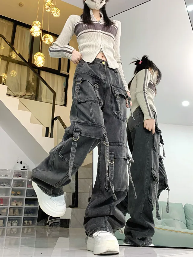 Street High Waist Loose Straight Pants Real Shot Black Gray - Shop at LoveMi