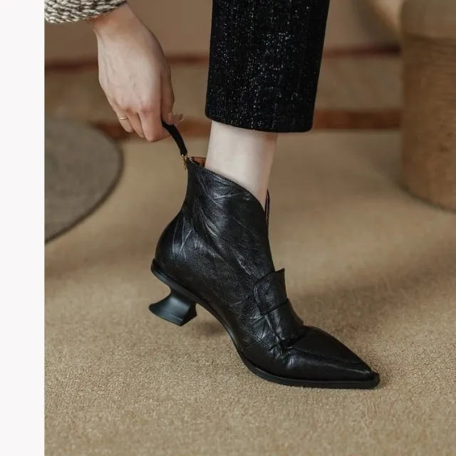 Womens French style Vintage Pointed toe Mid heel Ankle Boots Black - Shop at LoveMi