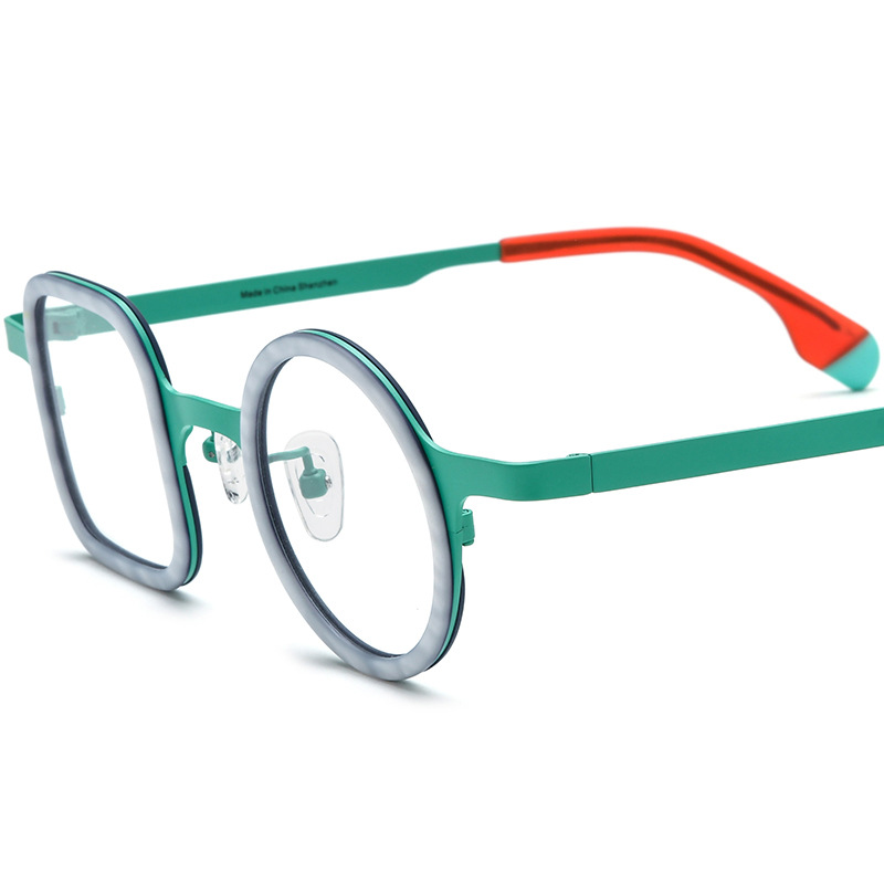 Fashion Mixed Material Titanium Eyeglass Frames, One Square And One Round, Unisex