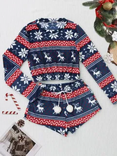 Coral Fleece Christmas Venonat Decoration Round Neck Shorts Long-sleeve Suit - Navy Blue - View 1