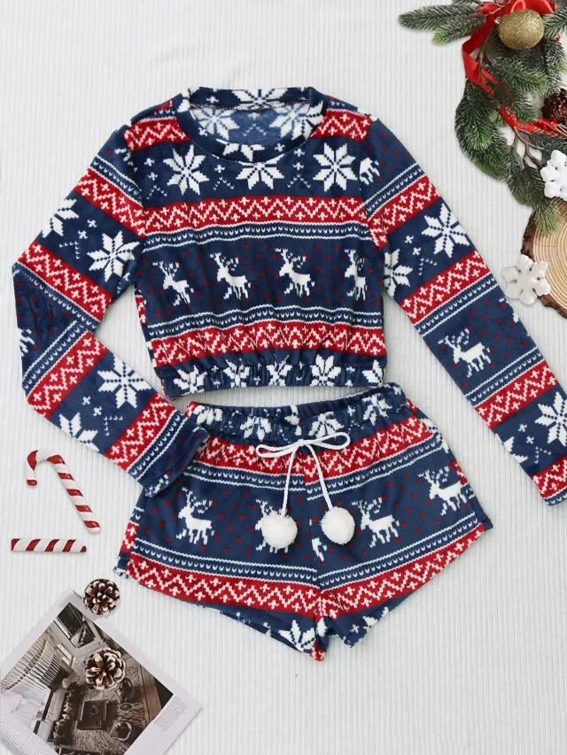 Coral Fleece Christmas Venonat Decoration Round Neck Shorts Long sleeve Suit Navy Blue - Shop at LoveMi