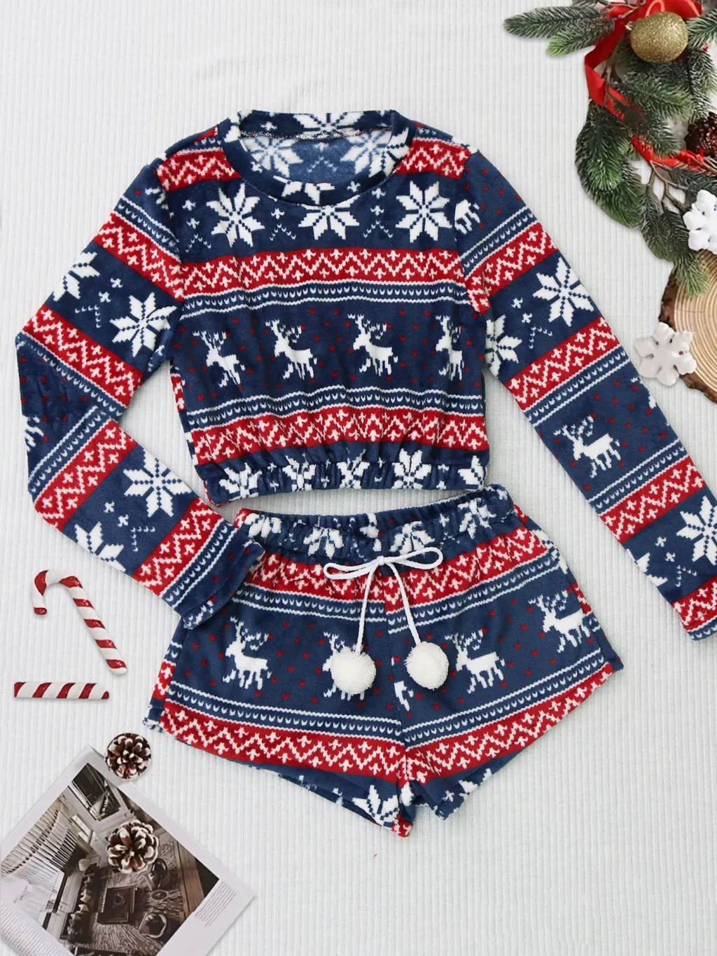 Coral Fleece Christmas Venonat Decoration Round Neck Shorts Long-sleeve Suit - Navy Blue