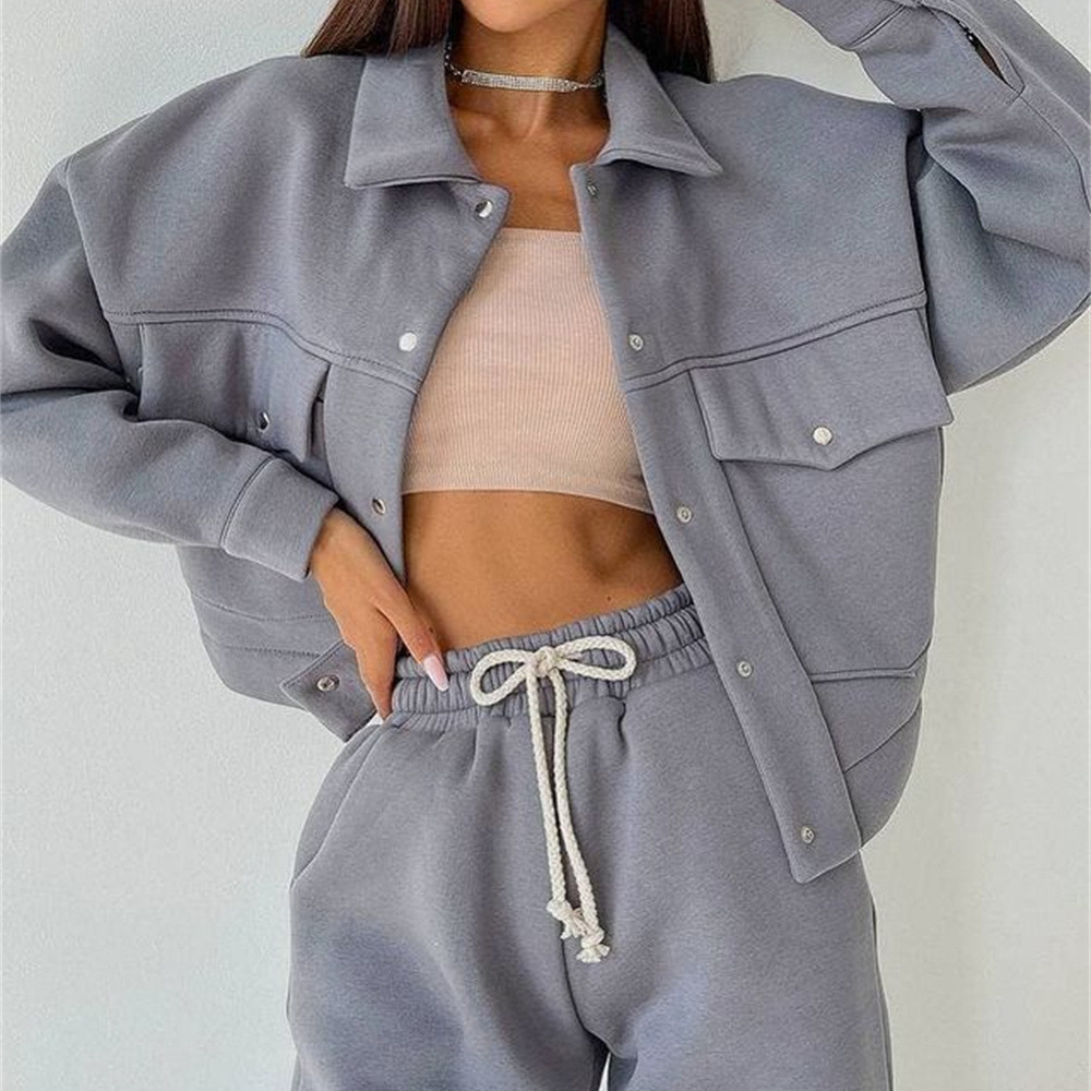 Casual Long-sleeve Two-piece Set Single-breasted Jacket And Sweatshirt 4
