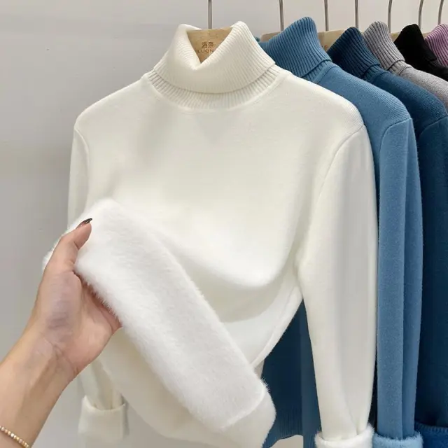 Women's Warm Thickened Inner Wear Long sleeved Knitted Top White - Shop at LoveMi