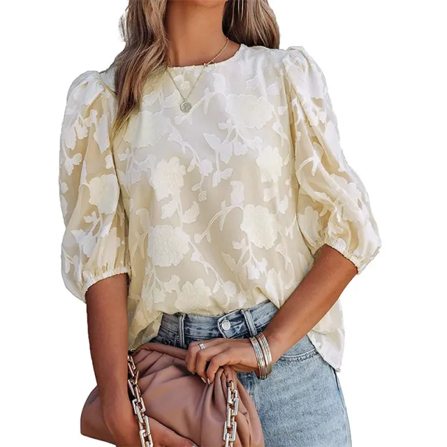 Women's Puff Sleeve Chiffon Loose Top Flower Texture Shirt Light Apricot Colored - Shop at LoveMi