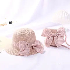 New Girls Big Bow Sun-proof Straw Hat Bag Set - Pink Bow Pink Suit - View 1