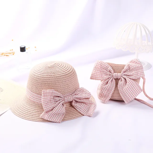 New Girls Big Bow Sun proof Straw Hat Bag Set Pink Bow Pink Suit - Shop at LoveMi