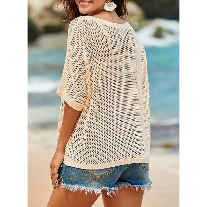 Women's hollow-out knit top in khaki, casual lifestyle photo showing loose fit