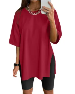 Women's Solid Colour Split Short-sleeved T-shirt Round Neck Loose Top - Wine - View 1