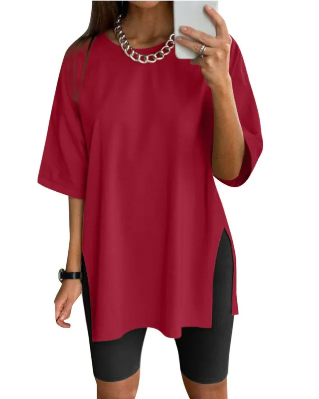 Women's Solid Color Split Short sleeved T shirt Round Neck Loose Top Wine - Shop at LoveMi