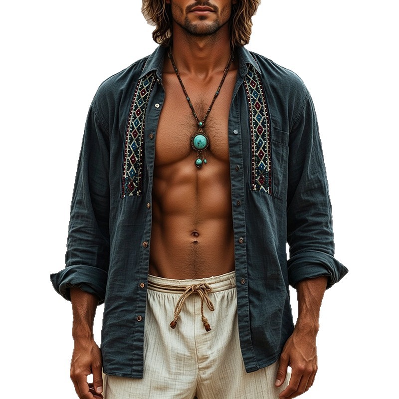 New Autumn Winter Mens Fashionable Printed Long-Sleeve Beach Shirt