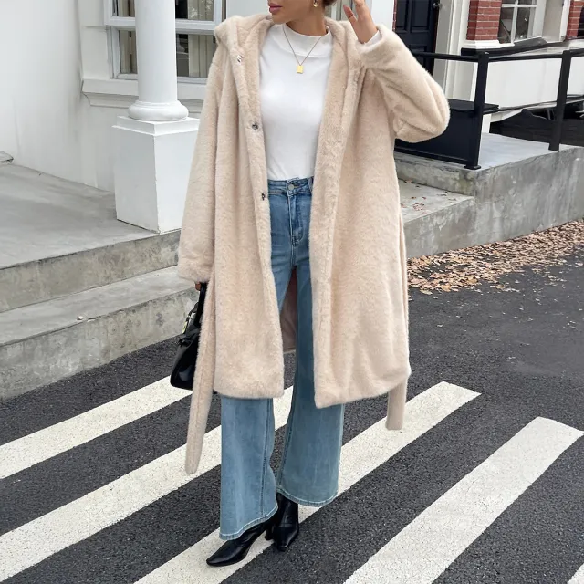 Women's Solid Color Casual Plush Long Sleeved Coat Apricot - Shop at LoveMi