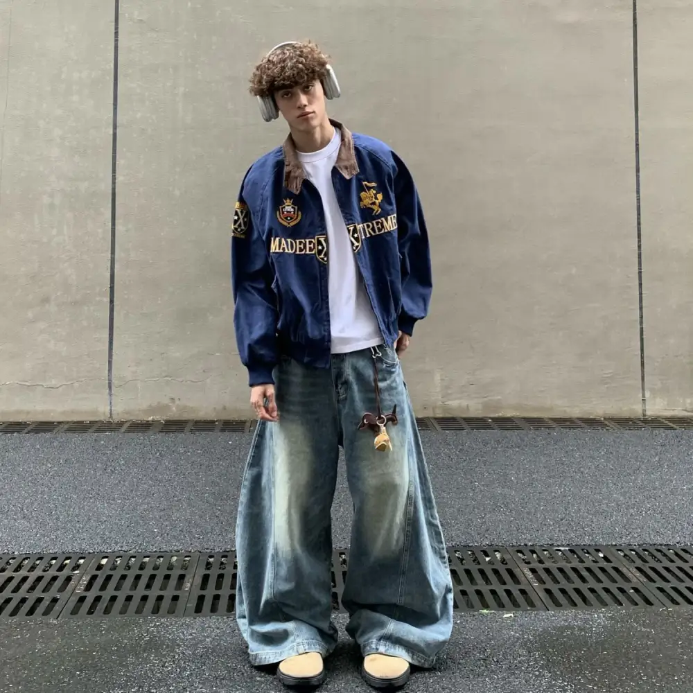 Streetwear Navy Blue Cropped Baseball Jacket
