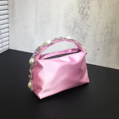 Flower Rhinestone Pearl Dinner Bag Silk Diamond Clutch - Pink - View 1