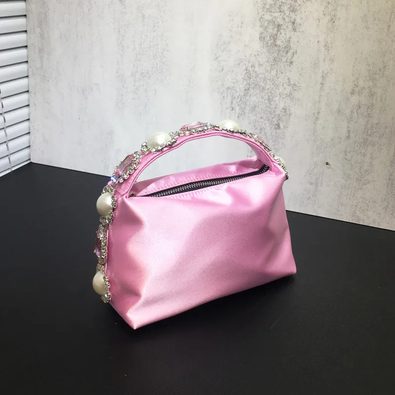 Flower Rhinestone Pearl Dinner Bag Silk Diamond Clutch - Pink