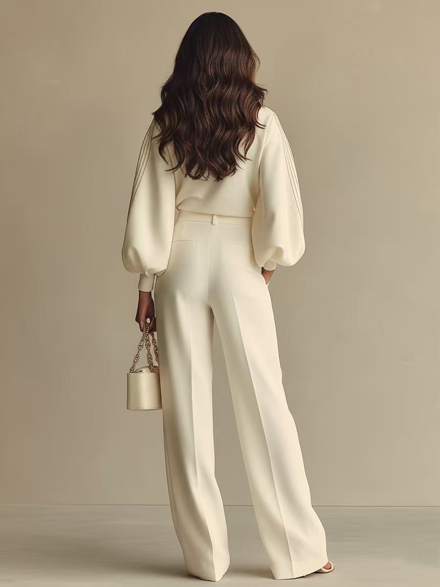 Women’s Round Neck Sweatshirt & Pants Set – Casual Long Sleeve Two-Piece Outfit