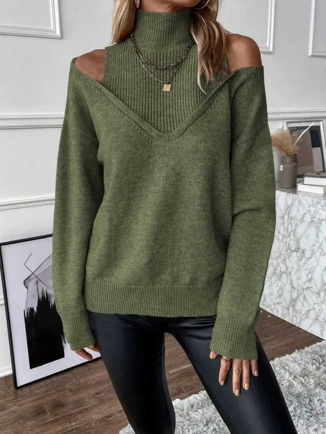 Off the shoulder Half Turtleneck Solid Color Thread Temperament Leisure Sweater Green - Shop at LoveMi
