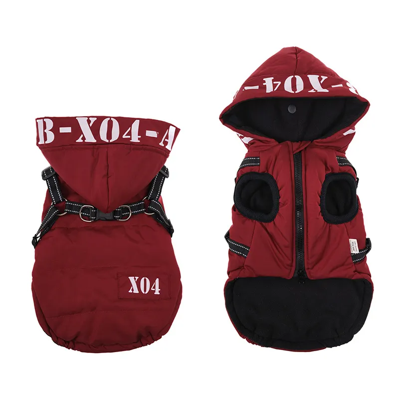 Winter Dog Clothes Fleece-lined Thickened Waterproof Jacket Hooded - Red