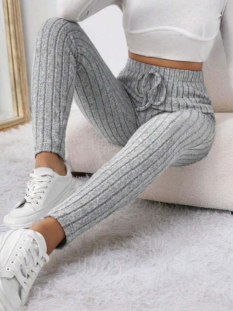Women's Autumn And Winter Solid Color With Fur Drawstring Tight And Warm High Waist Outerwear Leggings Light Gray - Shop at LoveMi