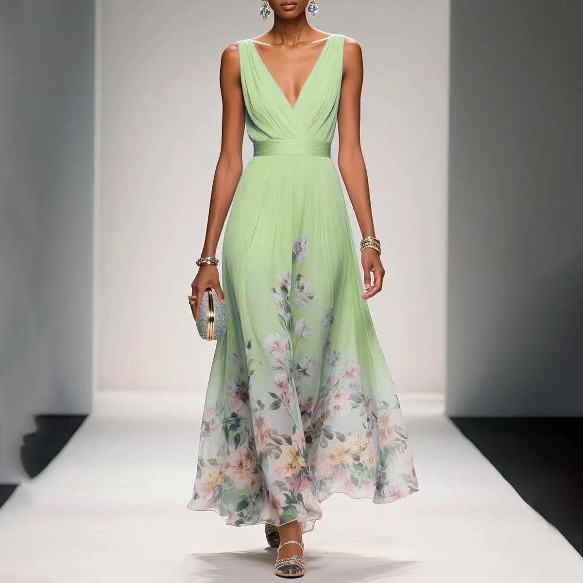 Sexy Vest Chiffon Printed Dress Green - Shop at LoveMi