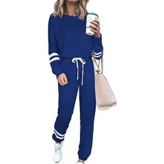 Women's Clothing Plus Size Loose-fitting Solid Color Long Sleeves Casual Suit - Navy - View 1
