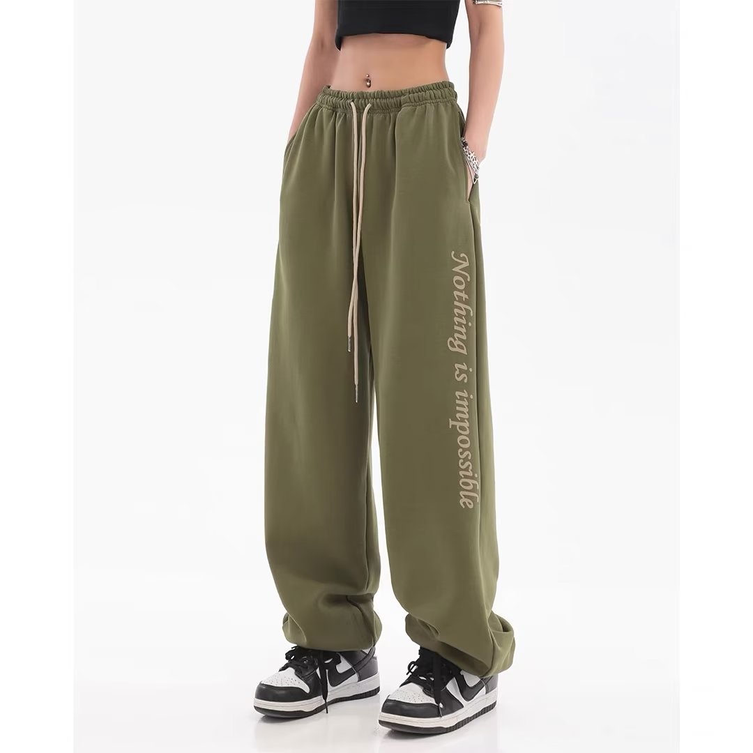 American Retro Green Wide-leg Casual Pants