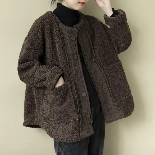 Artistic Retro Loose Long Sleeve Warm Coat Lambswool Coffee - Shop at LoveMi