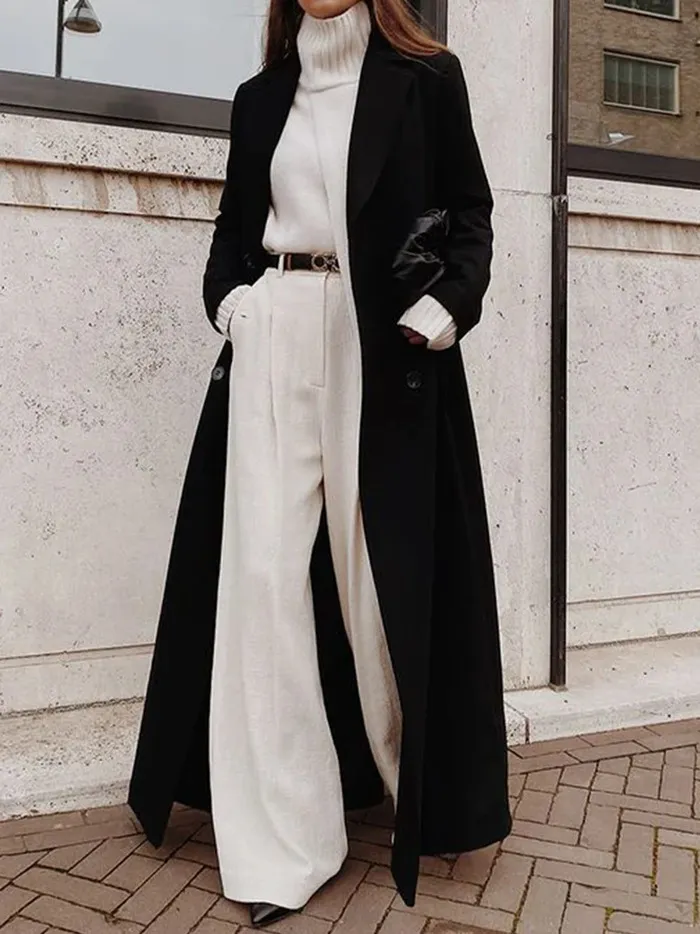 Autumn And Winter European And American Leisure Long Pure Color Warm Keeping Woolen Coat Women - Black
