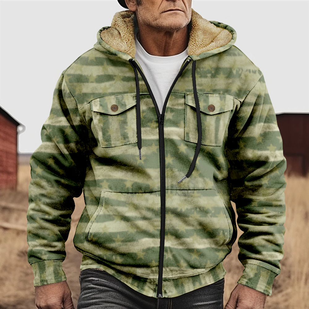 British-style Abstract Fashion Fleece-lined Cotton Coat With Hood And Zipper - Image 8