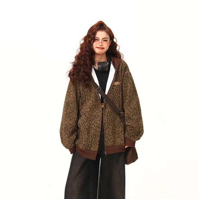 Retro Hooded Zipper Leopard Print Men's And Women's Jacket Brown - Shop at LoveMi