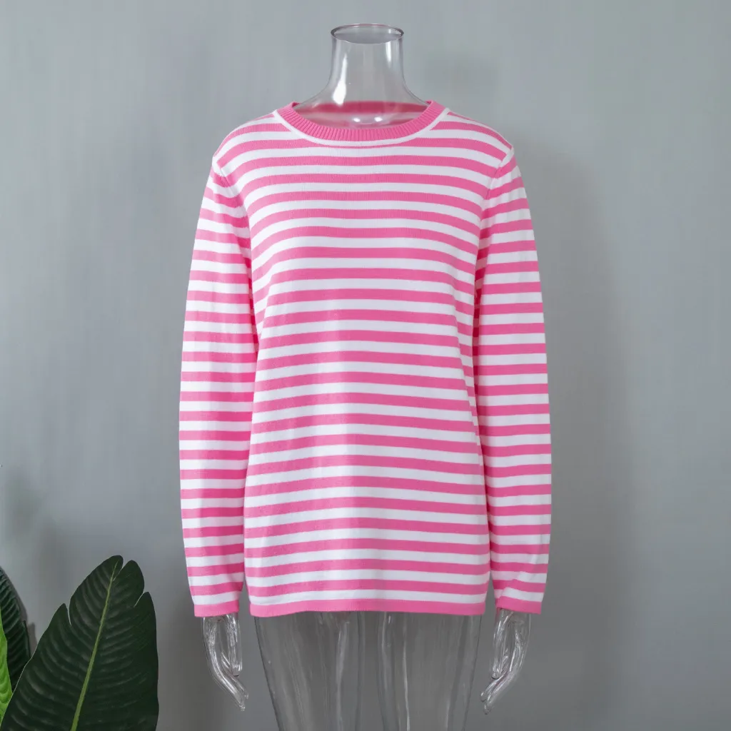 Round Neck Knitted Striped Sweater - Pink