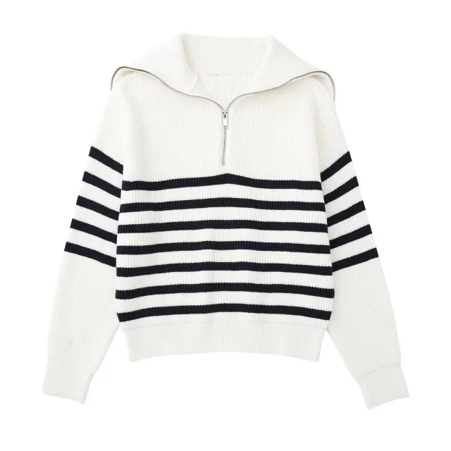 Casual All match Open Collar Wool Sweater Black Stripes - Shop at LoveMi
