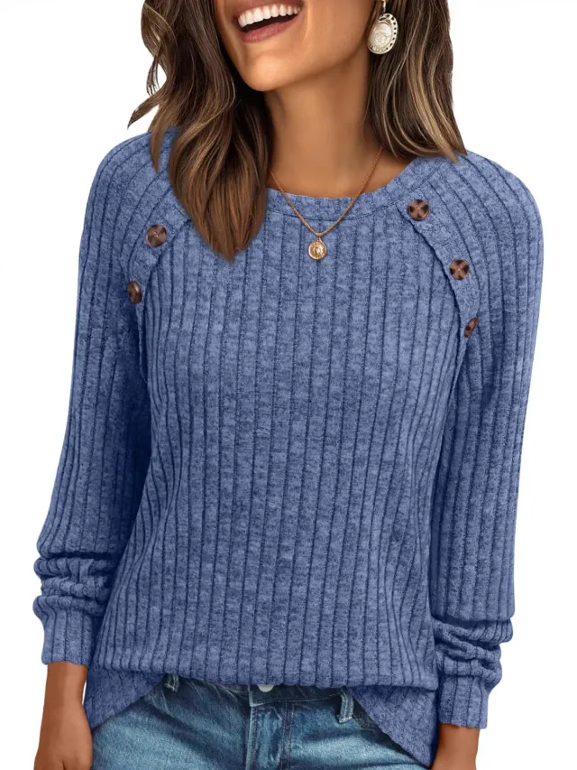 Round Neck Sunken Stripe Brushed Solid Color Top Long Sleeve Peacock Blue - Shop at LoveMi