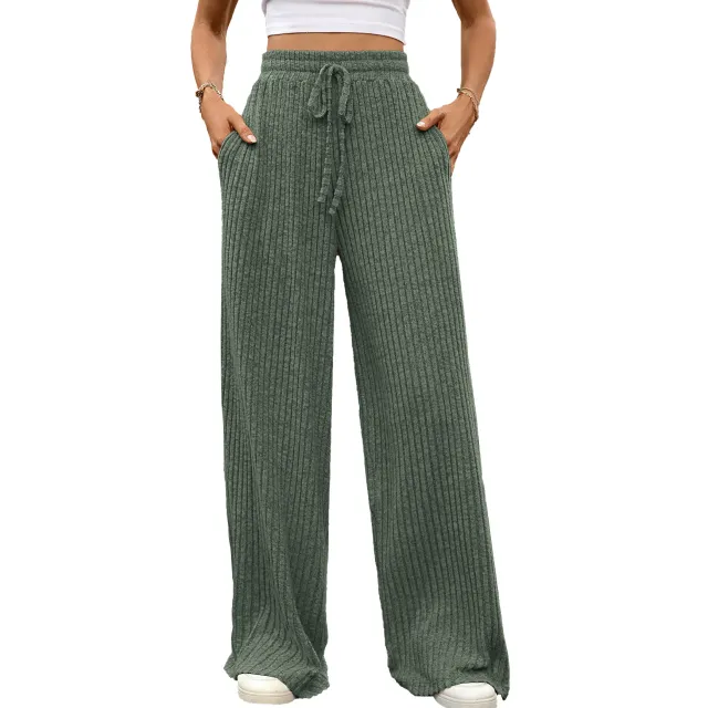 Multi color Drawstring Loose Sunken Stripe Straight leg Trousers Army Green - Shop at LoveMi