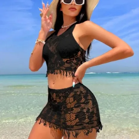 Women's Spring And Summer Beach Cover up Tassel Skirt Lace Bikini Swimsuit Two piece Black - Shop at LoveMi