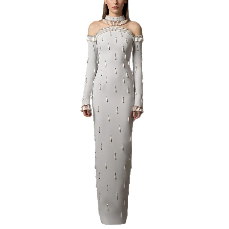 Heavy-duty Pearl Bead And Diamond-embellished Mesh-panel Long Dress