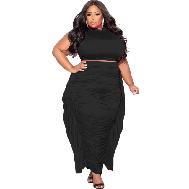 Women's Sexy Bodycon Tassel Sleeveless Plus Size Two Piece Set Black - Shop at LoveMi