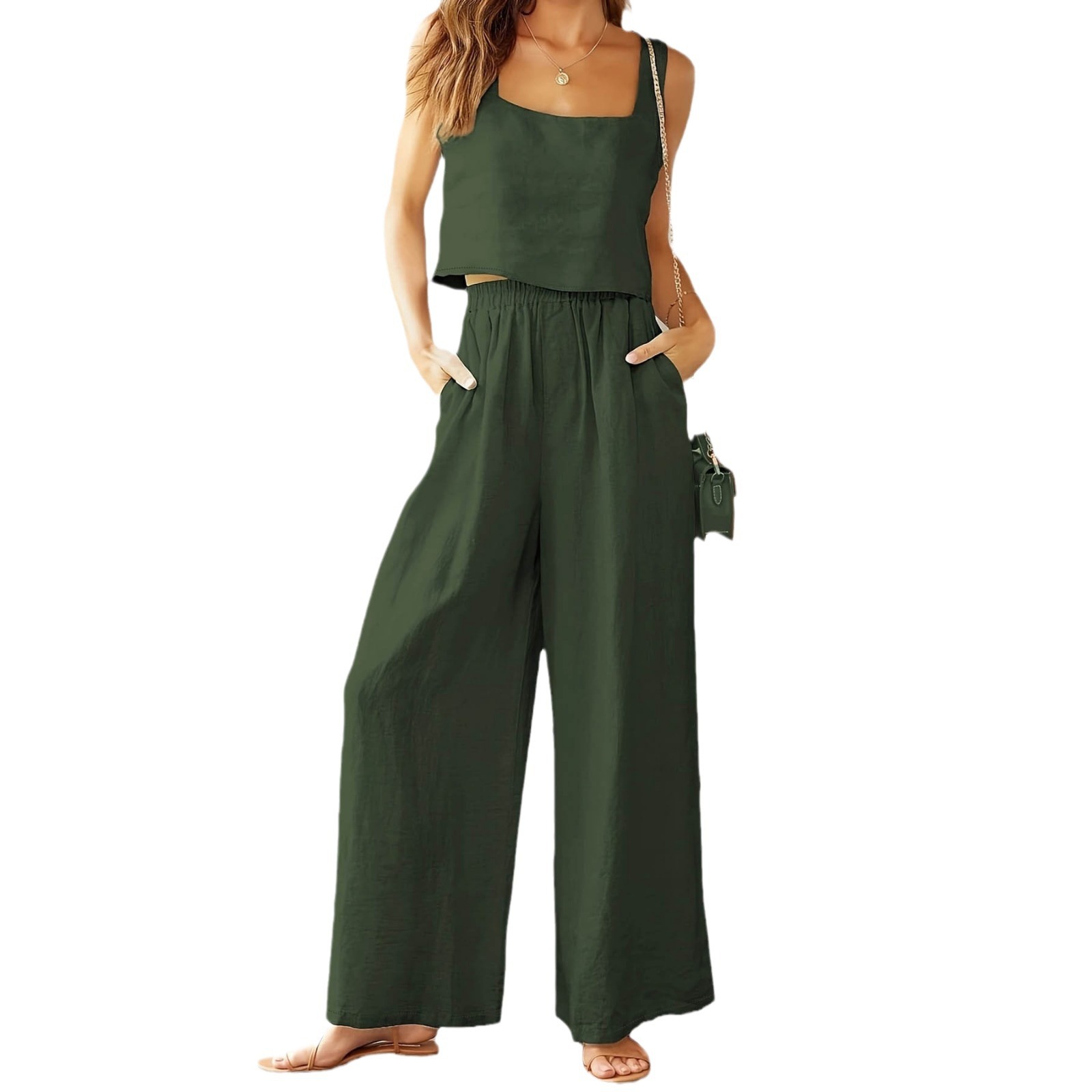 Square Collar Sleeveless Camisole Wide Leg Pants Leisure Suit - Image 4