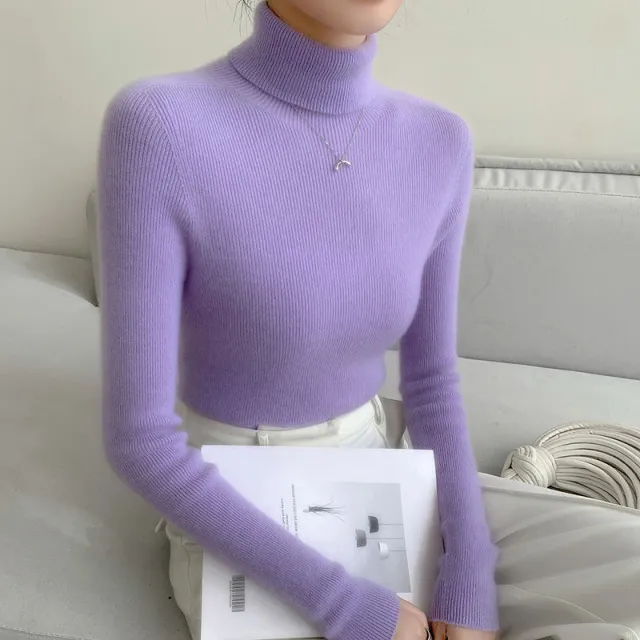 Slim Fit Turtleneck Base Thick Sweater For Women Light Purple - Shop at LoveMi