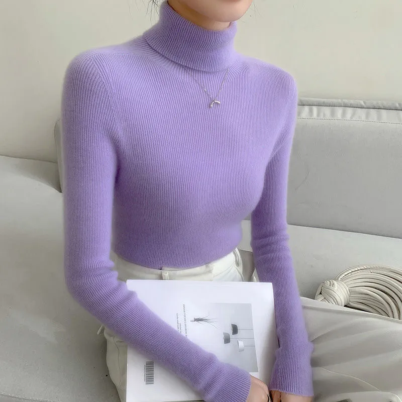 Slim Fit Turtleneck Base Thick Sweater For Women - Light Purple