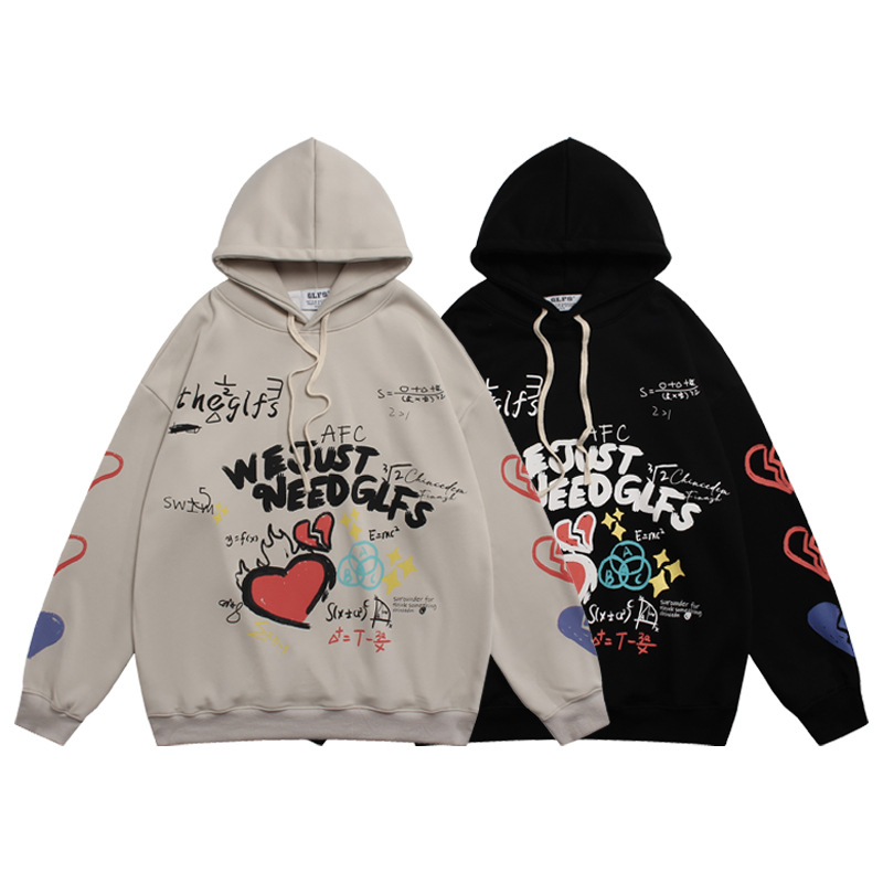 Love Letter Painted Graffiti Hooded Fleece Lined Sweater Men