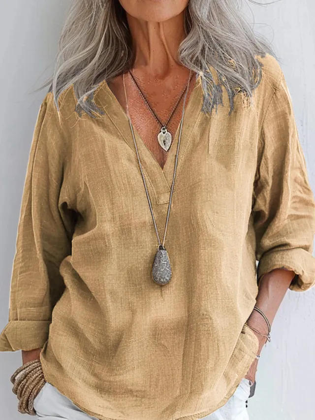 Fashionable Long Sleeved Cotton Linen Solid Color Vintage V Neck Pullover Shirt Khaki - Shop at LoveMi